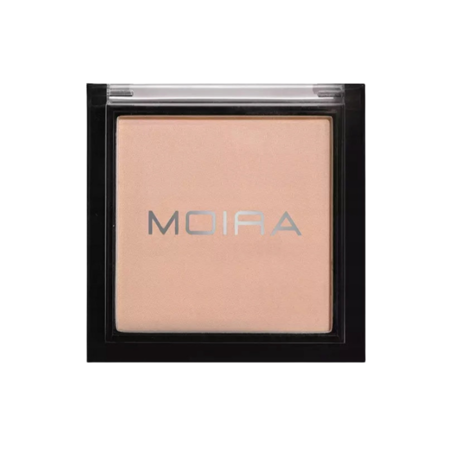 MOIRA pressed powder compact with beige shade and black transparent packaging