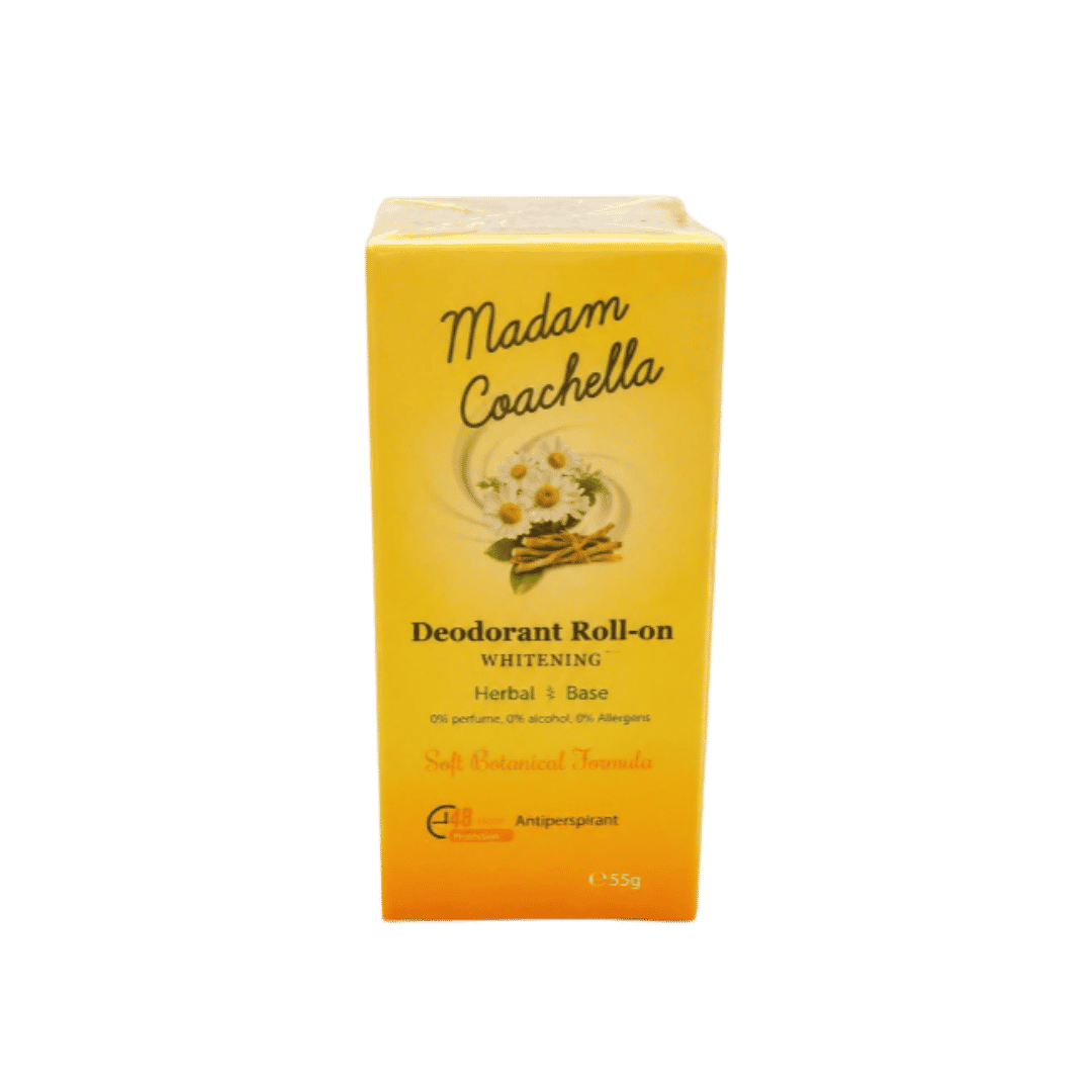 Madam Coachella whitening deodorant roll-on, 55g, herbal formula in yellow and orange boxed packaging.