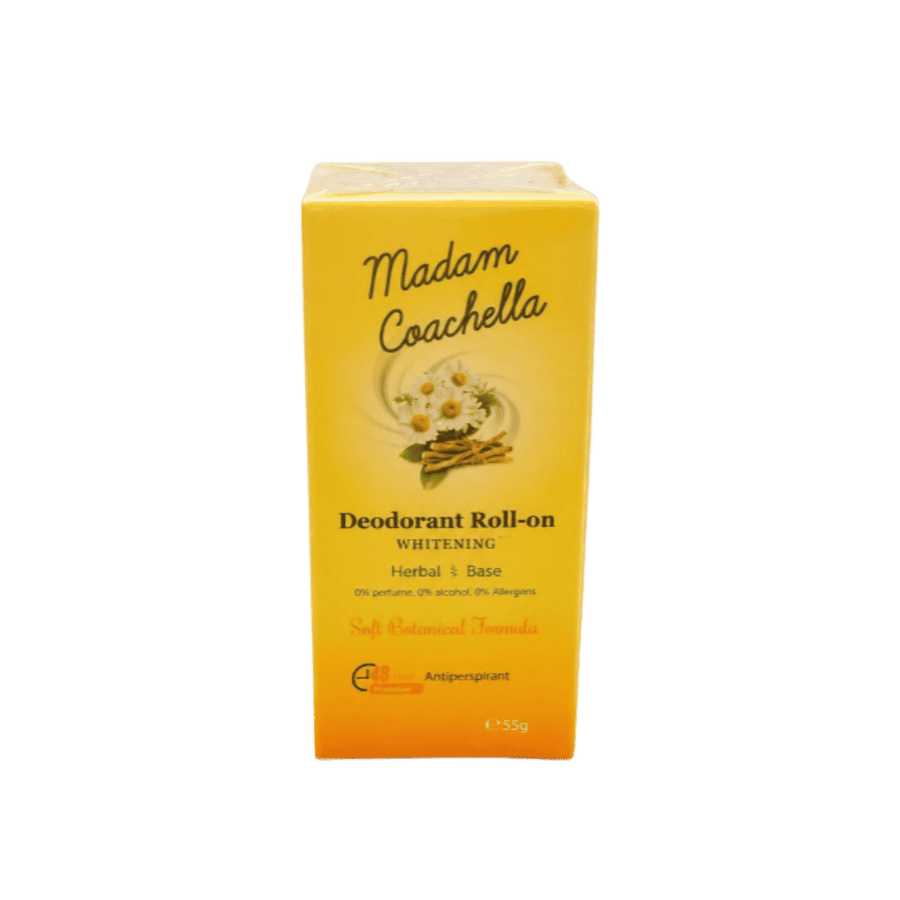 Madam Coachella whitening deodorant roll-on, 55g, herbal formula in yellow and orange boxed packaging.