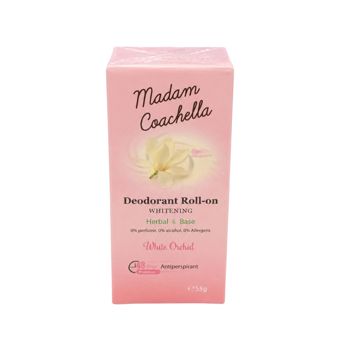 Madam Coachella White Orchid 48H deodorant roll-on, 55g, pink box with white orchid illustration and gold accents.