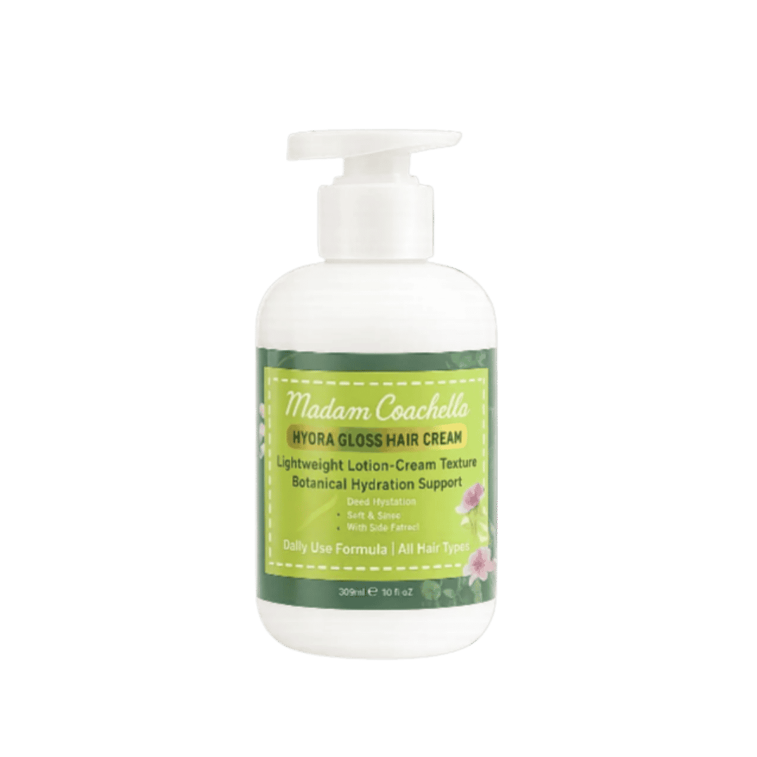 Madam Cochella Hydra Gloss Hair Cream, 309ml, in white pump bottle with green botanical label.