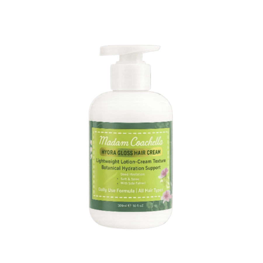 Madam Cochella Hydra Gloss Hair Cream, 309ml, in white pump bottle with green botanical label.