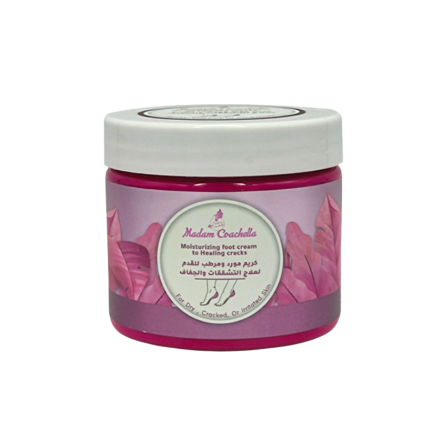 Madam Caccholla Moisturizing Foot Cream, pink jar, designed for dry, cracked, or irritated skin, helps heal cracks.