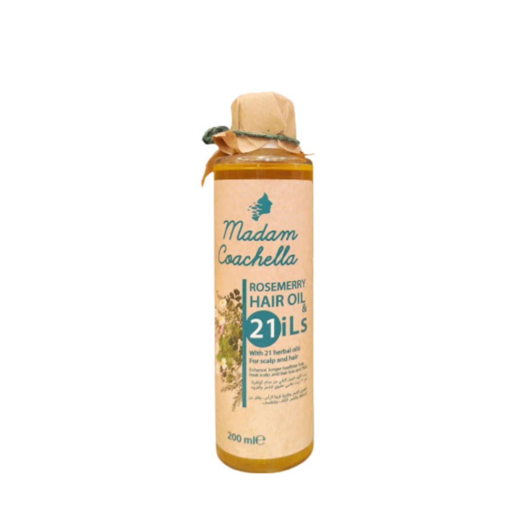 Madam Coachella rosemary hair oil bottle, 21 herbal oils blend, scalp and hair treatment, 200 ml.