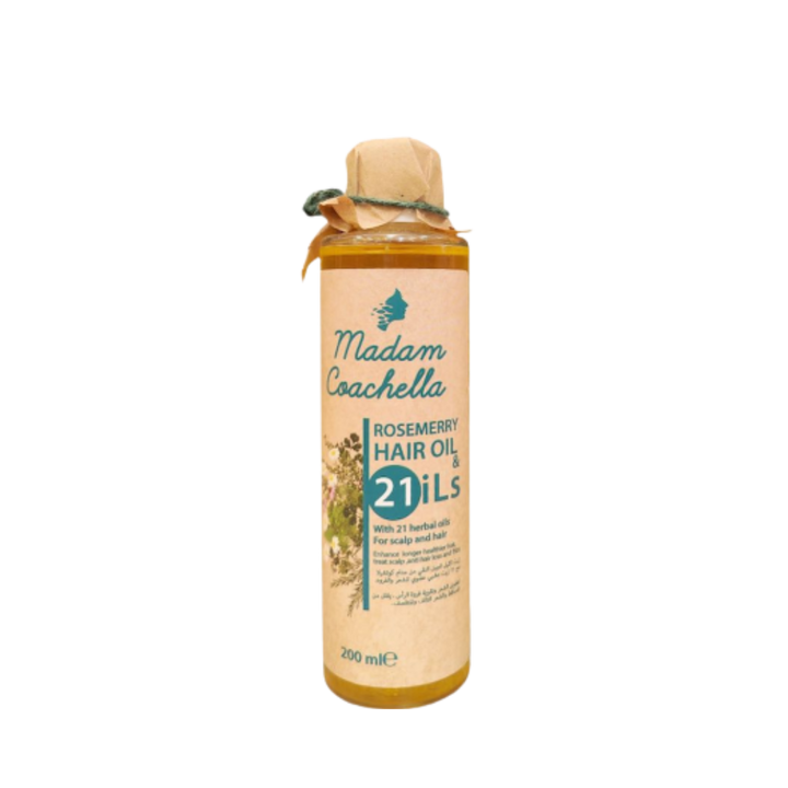 Madam Coachella rosemary hair oil bottle, 21 herbal oils blend, scalp and hair treatment, 200 ml.