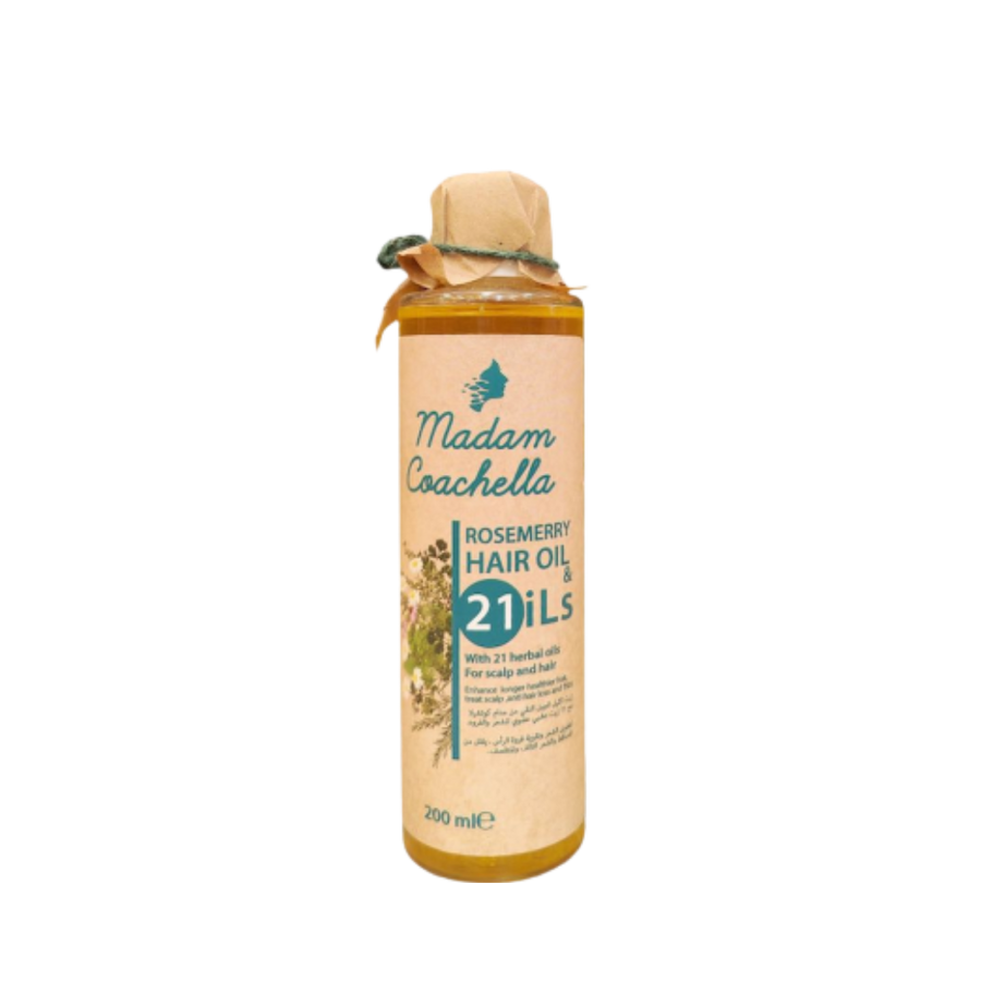 Madam Coachella rosemary hair oil bottle, 21 herbal oils blend, scalp and hair treatment, 200 ml.