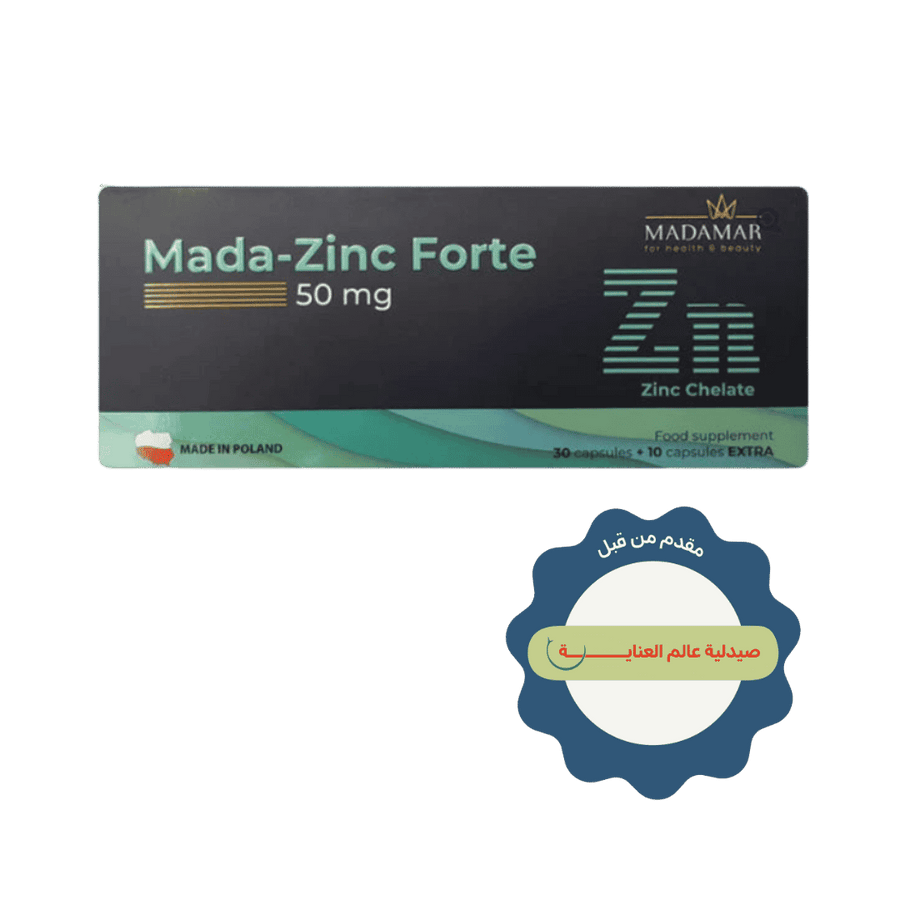 Madamar Mada-Zinc Forte 50 mg zinc chelate supplement, 30 capsules, black and turquoise rectangular box.