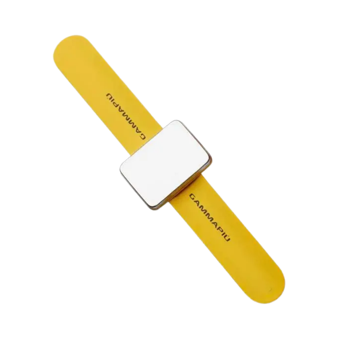  yellow wristband wearable device with square central module, silicone strap, printed brand name
