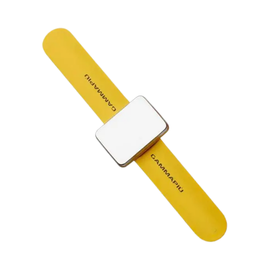  yellow wristband wearable device with square central module, silicone strap, printed brand name
