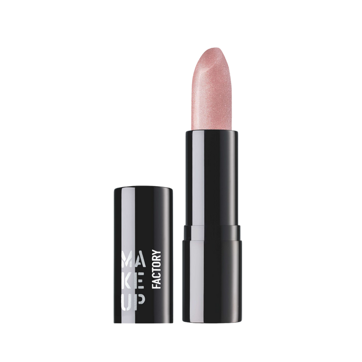 Make Up Factory Shimmer Lipstick 4g black tube with cap and pale pink shimmery bullet