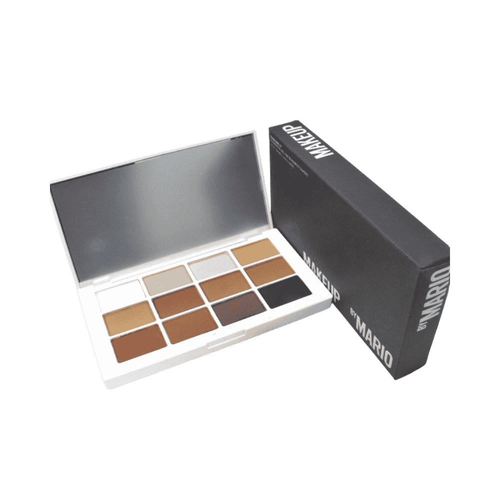 Makeup By Mario neutral eyeshadow palette with open white compact, mirror, and black box
