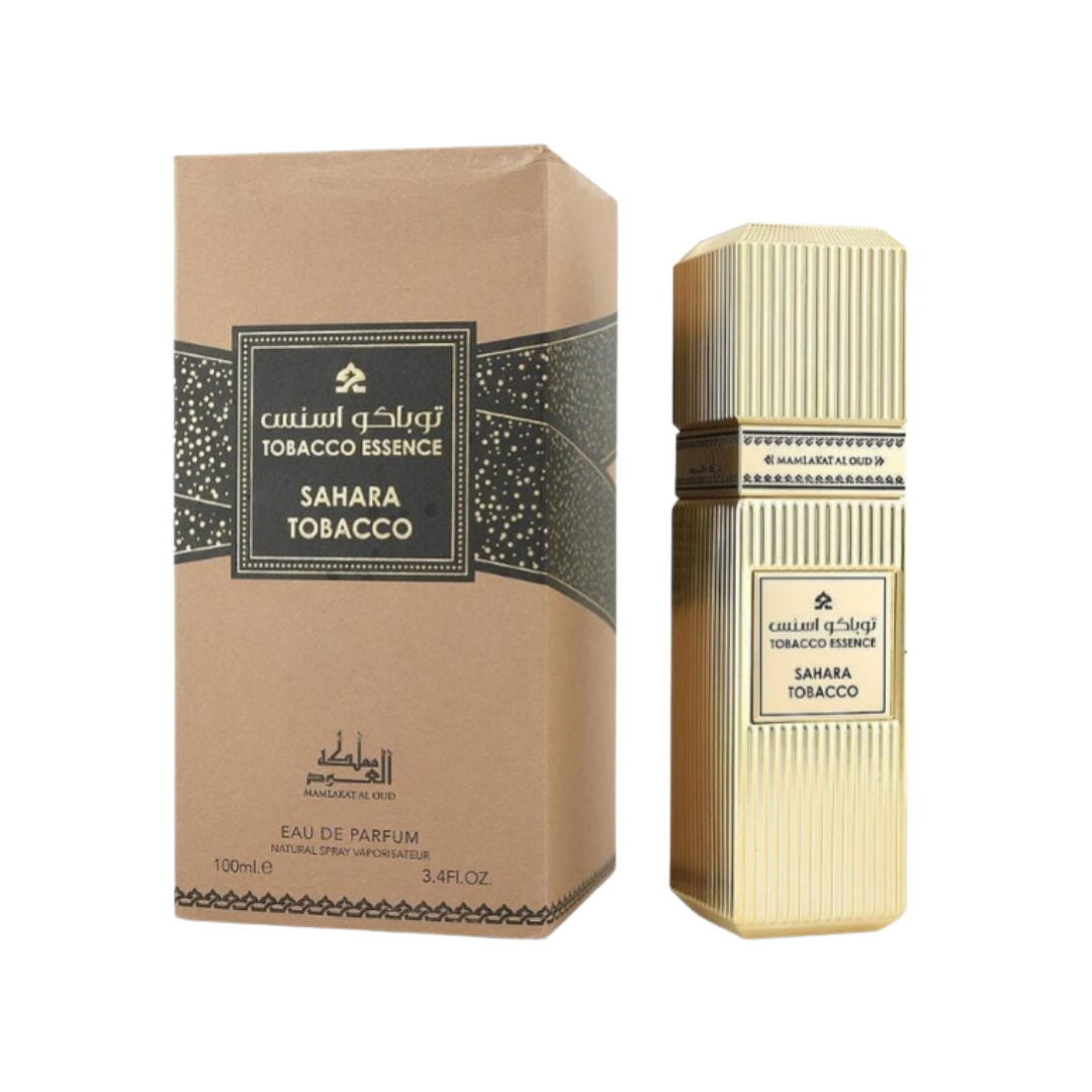 Mamlakat Al Oud Sahara Tobacco Essence Eau de Parfum bottle and box, 100 ml spray packaging.