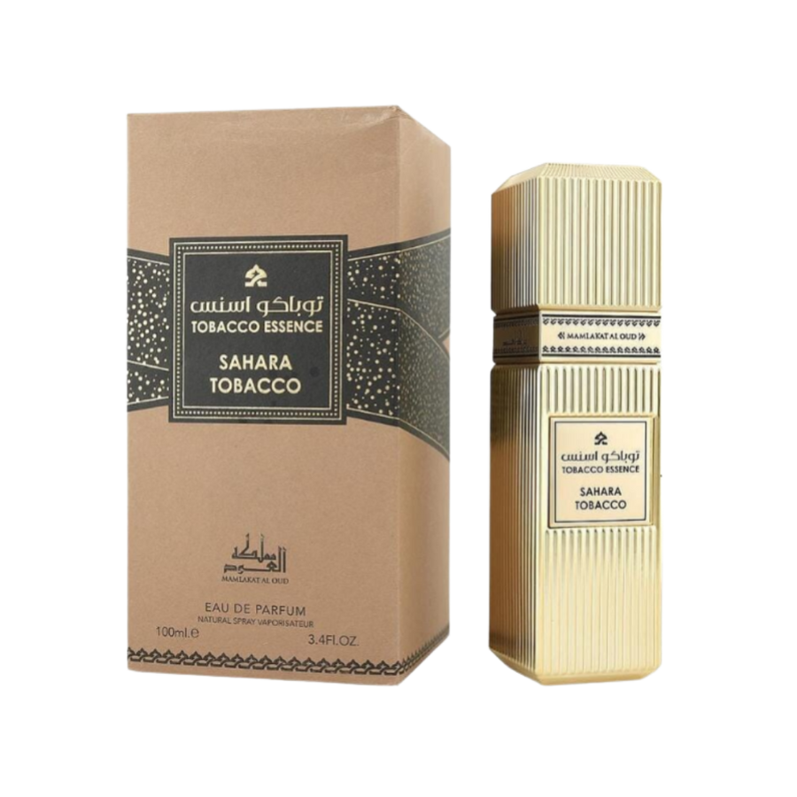 Mamlakat Al Oud Sahara Tobacco Essence Eau de Parfum bottle and box, 100 ml spray packaging.