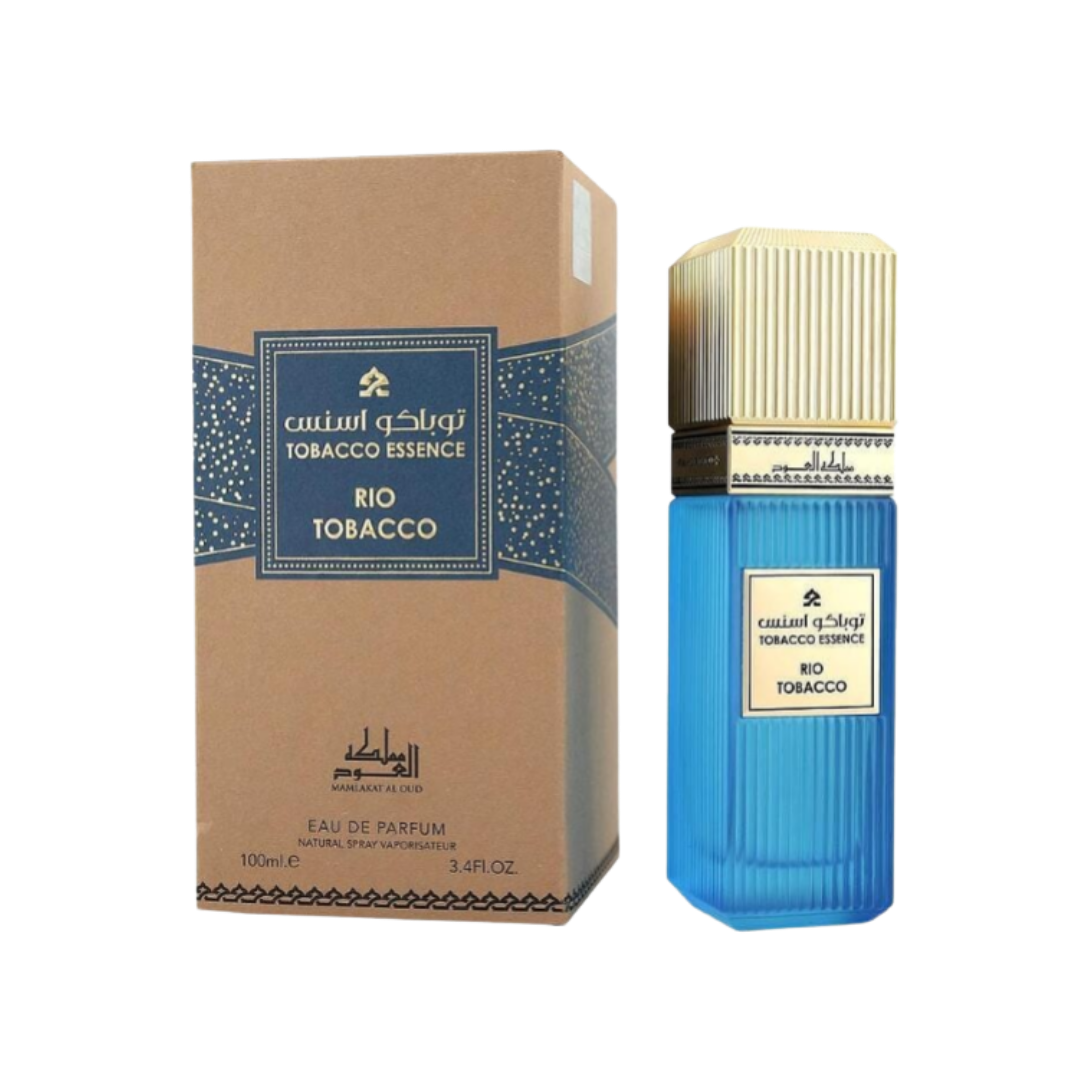 Mamlakat Al Oud Rio Tobacco Essence Eau de Parfum bottle and box, blue bottle, 100 ml spray.
