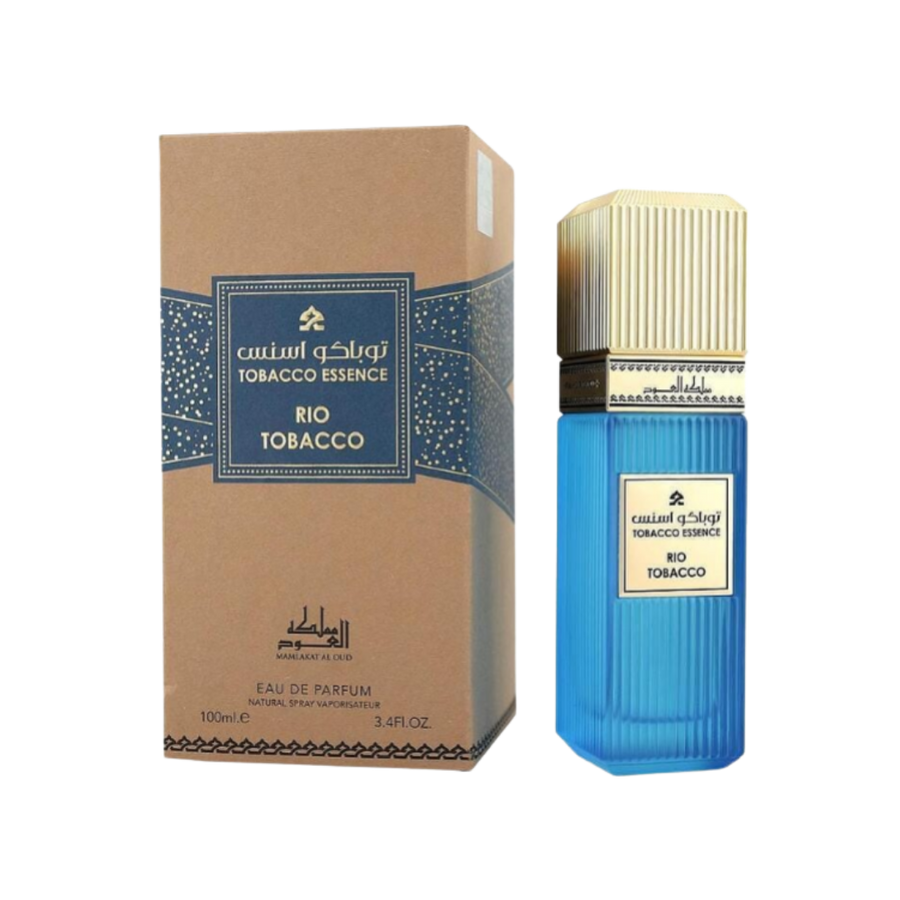 Mamlakat Al Oud Rio Tobacco Essence Eau de Parfum bottle and box, blue bottle, 100 ml spray.