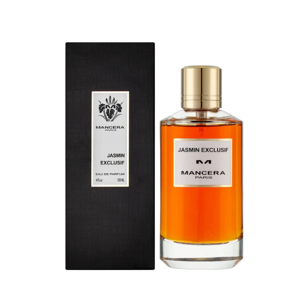 Mancera Jasmin Exclusif Eau de Parfum, 120ml, with luxurious jasmine fragrance, comes in a clear glass bottle with a gold cap and a black box.