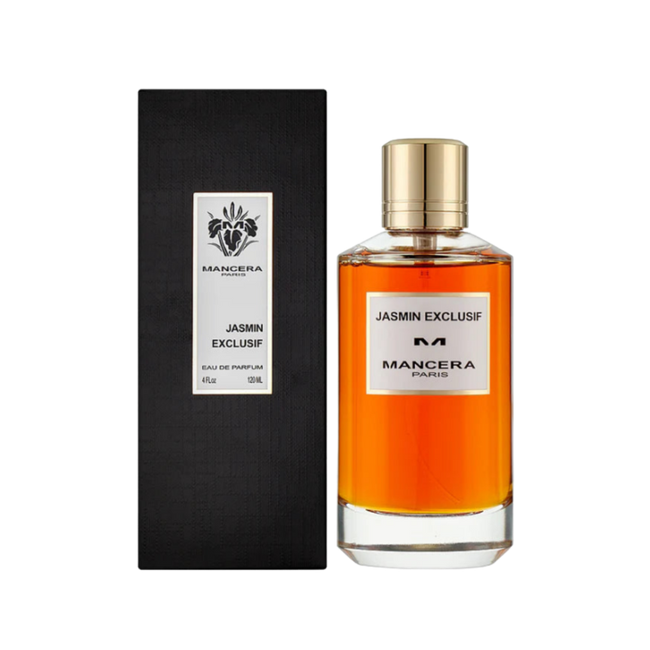 Mancera Jasmin Exclusif Eau de Parfum, 120ml, with luxurious jasmine fragrance, comes in a clear glass bottle with a gold cap and a black box.