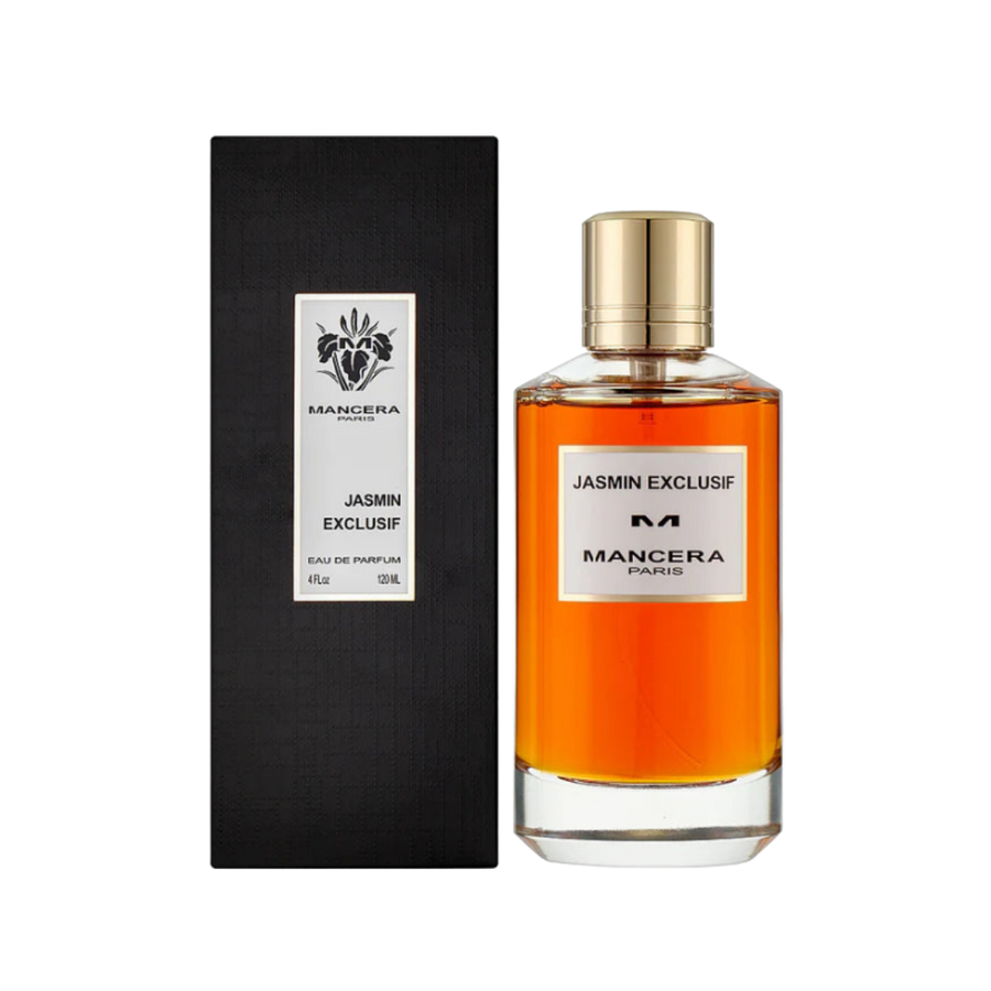 Mancera Jasmin Exclusif Eau de Parfum, 120ml, with luxurious jasmine fragrance, comes in a clear glass bottle with a gold cap and a black box.