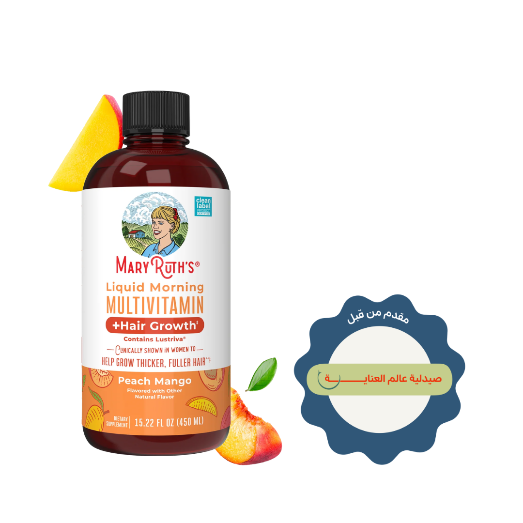 MaryRuth’s Liquid Morning Multivitamin + Hair Growth, peach mango, 450ml, amber bottle with black cap and orange label