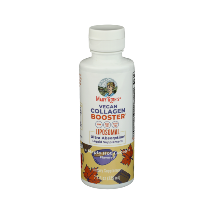 MaryRuth’s Vegan Collagen Booster Liposomal liquid supplement, maple hot cocoa flavor, 225 ml bottle.