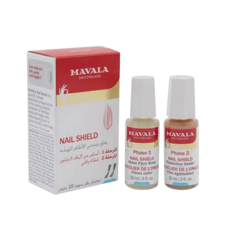 Mavala Nail Shield two-phase nail treatment kit with Phase 1 and Phase 2 10ml bottles and box
