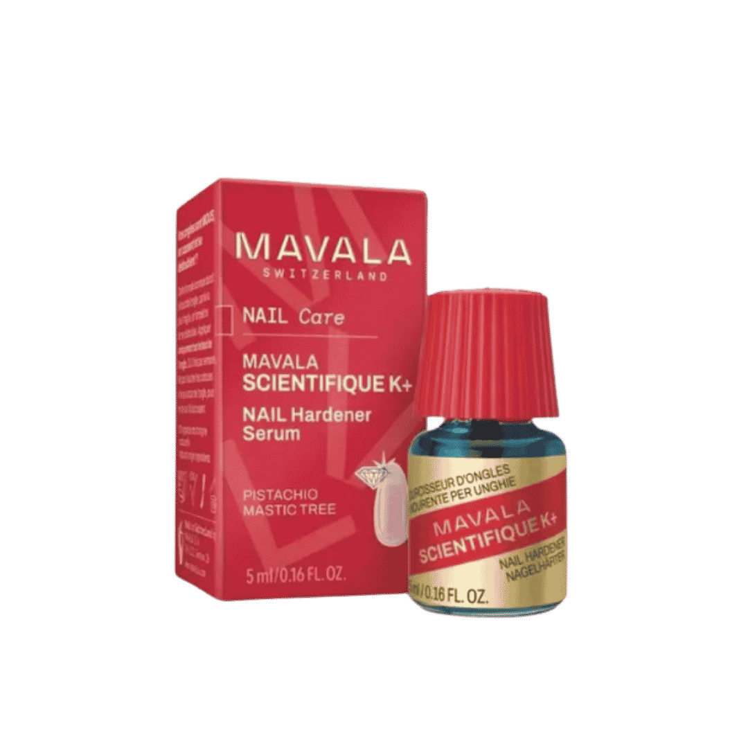 Mavala Scientifique K+ nail hardener serum, 5ml bottle with red cap and matching red carton.