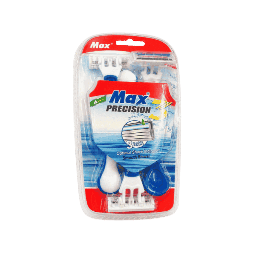 Max Precision 3 disposable razors pack with triple blades and blue-white handles in plastic packaging.