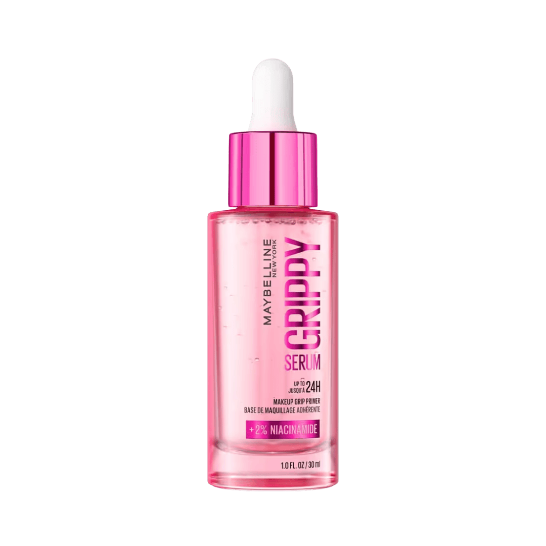 Maybelline Grippy Serum Primer 30ml pink bottle with dropper applicator containing 2% niacinamide for makeup base