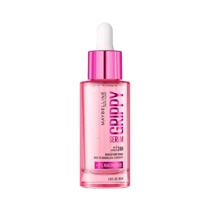 Maybelline Grippy Serum Primer 30ml pink bottle with dropper applicator containing 2% niacinamide for makeup base