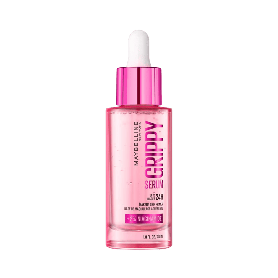Maybelline Grippy Serum Primer 30ml pink bottle with dropper applicator containing 2% niacinamide for makeup base