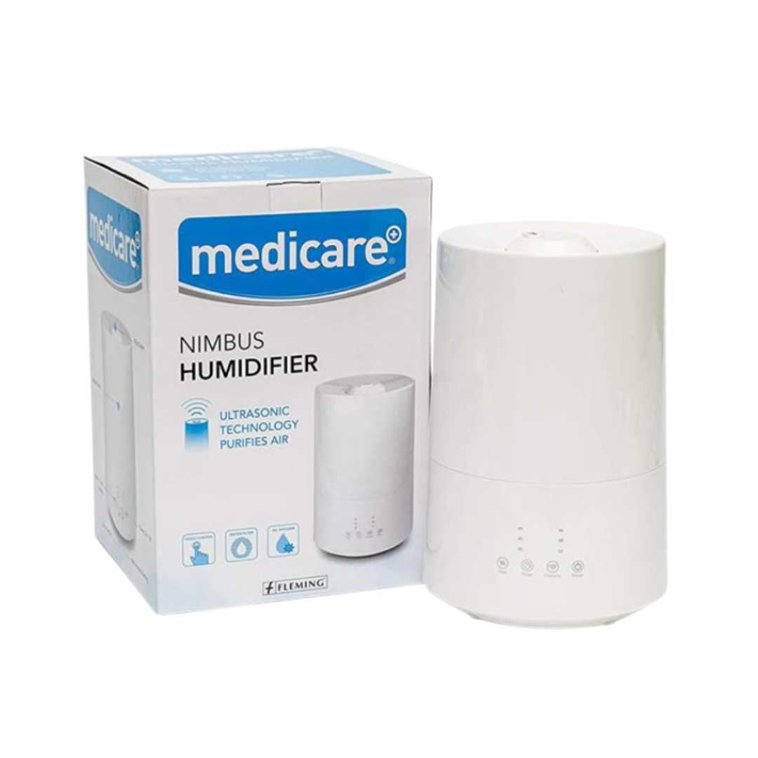 Medicare Nimbus humidifier device with box, ultrasonic air purifier, white tabletop humidifier unit.