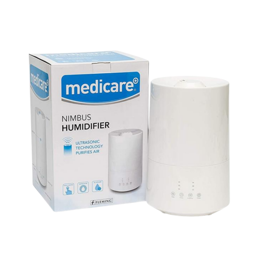 Medicare Nimbus humidifier device with box, ultrasonic air purifier, white tabletop humidifier unit.
