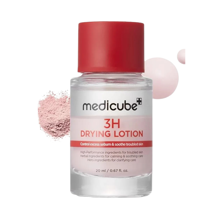 Medicube 3H Drying Lotion, 20ml, in a clear bottle with red cap and pink sediment.