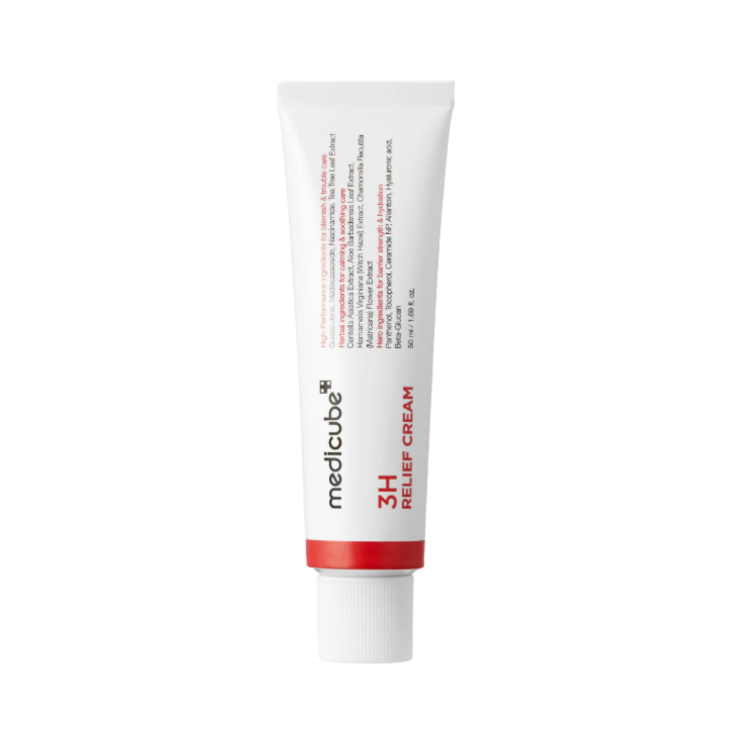 Medicube 3H Relief Cream, 50 ml white squeeze tube with red band and white cap.