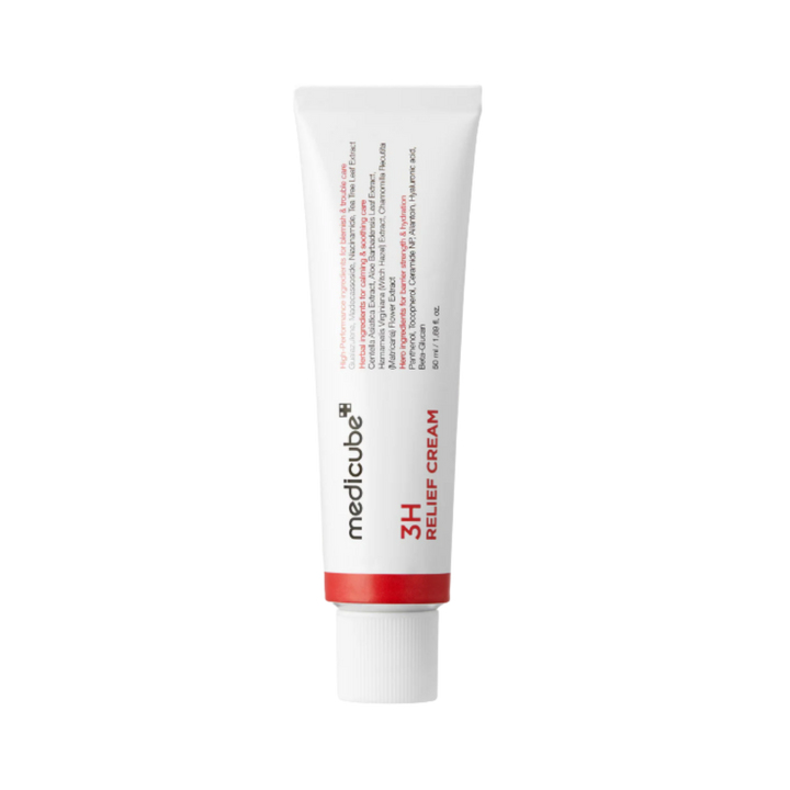 Medicube 3H Relief Cream, 50 ml white squeeze tube with red band and white cap.
