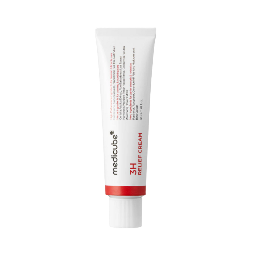 Medicube 3H Relief Cream, 50 ml white squeeze tube with red band and white cap.