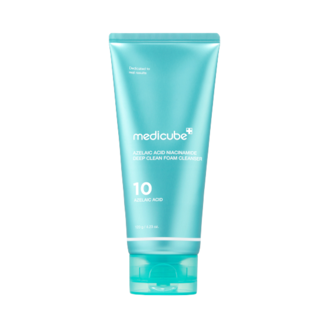 Medicube Azelaic Acid Niacinamide Deep Clean Foam Cleanser, 120g, in a turquoise tube with flip-top cap.