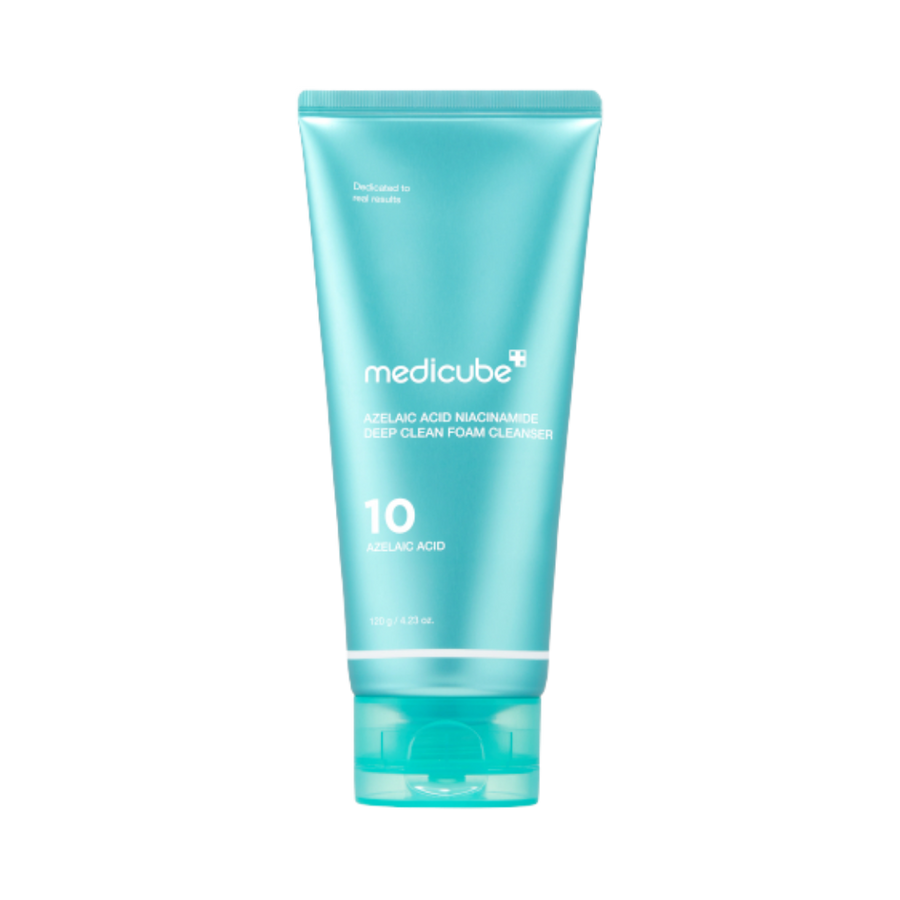 Medicube Azelaic Acid Niacinamide Deep Clean Foam Cleanser, 120g, in a turquoise tube with flip-top cap.