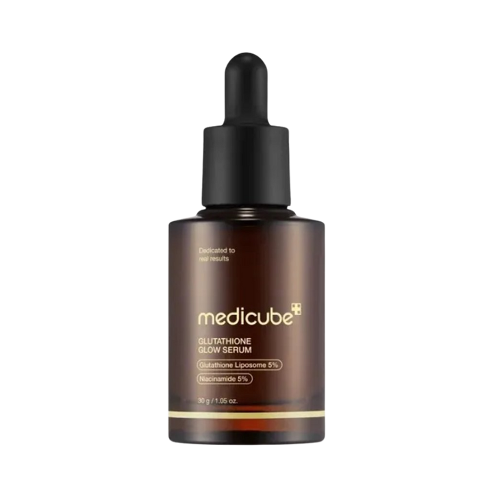 Medicube Glutathione Glow Serum, 30g, with 5% glutathione liposome and 5% niacinamide, in a dark glass dropper bottle.
