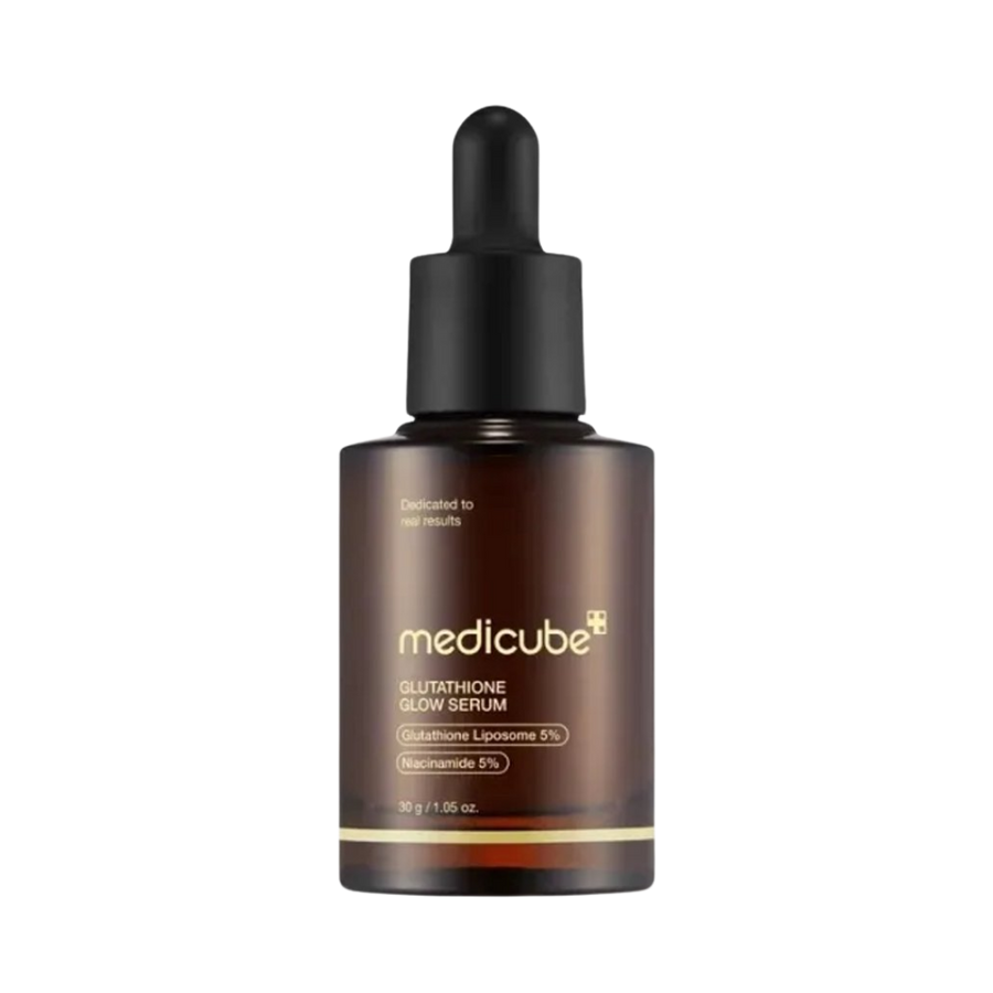 Medicube Glutathione Glow Serum, 30g, with 5% glutathione liposome and 5% niacinamide, in a dark glass dropper bottle.
