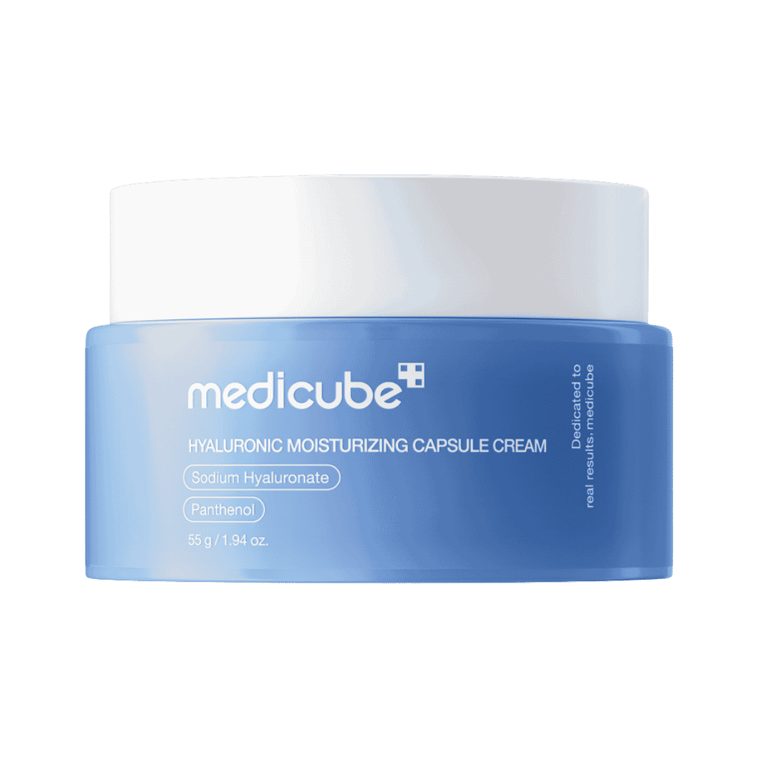 Medicube Hyaluronic Moisturizing Capsule Cream, 55g, blue capsules in transparent jar, daily hydrating cream for glowing skin.