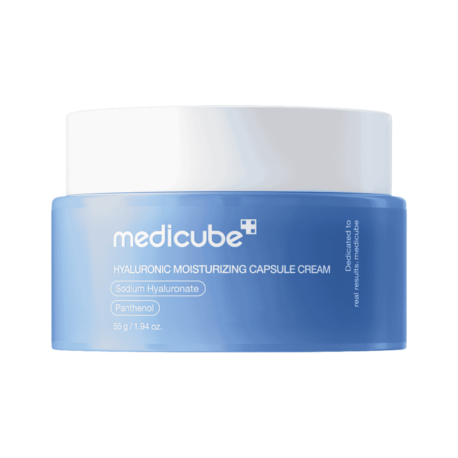 Medicube Hyaluronic Moisturizing Capsule Cream, 55g, blue capsules in transparent jar, daily hydrating cream for glowing skin.