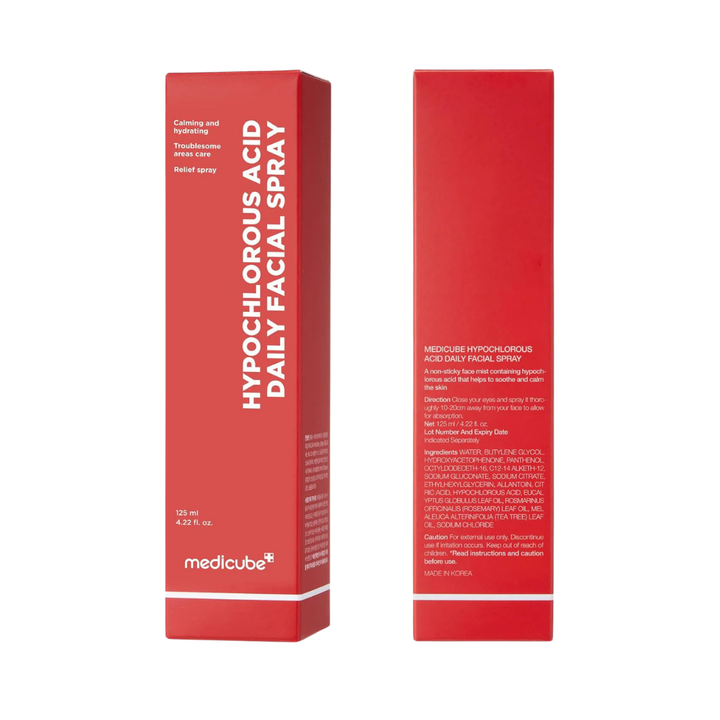 Medicube Hypochlorous Acid Daily Facial Spray, 125ml, red rectangular box with white lettering and ingredient panel.