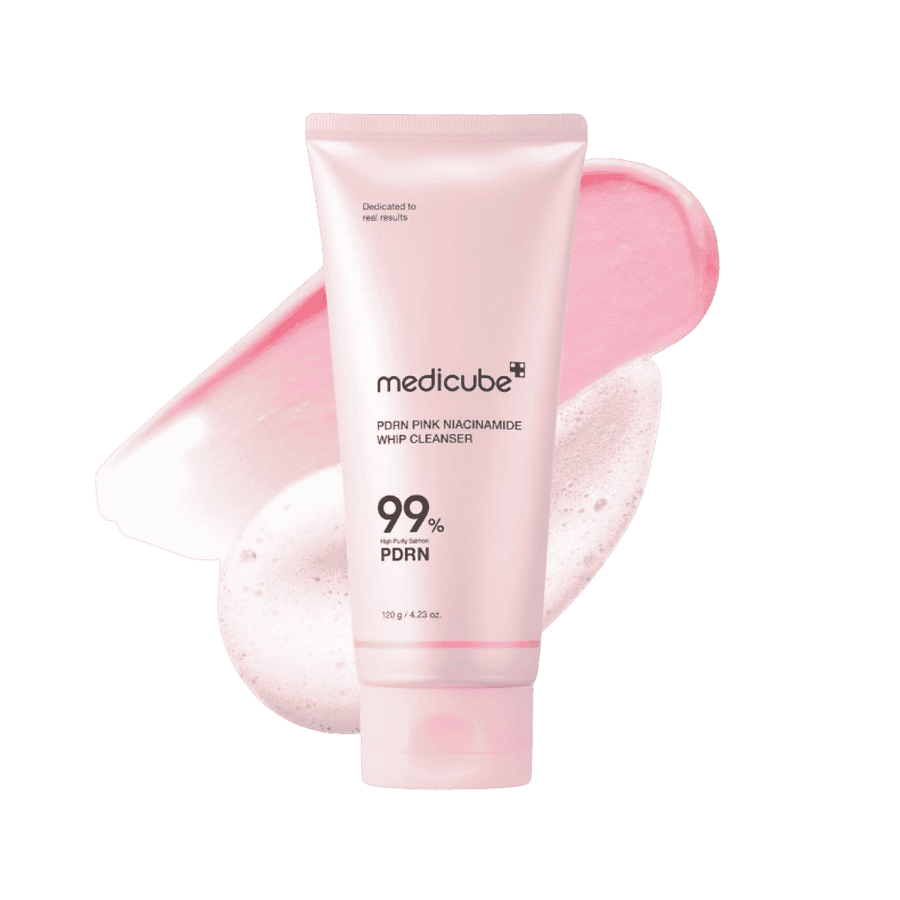 Medicube PDRN Pink Niacinamide Whip Cleanser, 120g, with 99% high-purity PDRN for skin hydration and brightening.