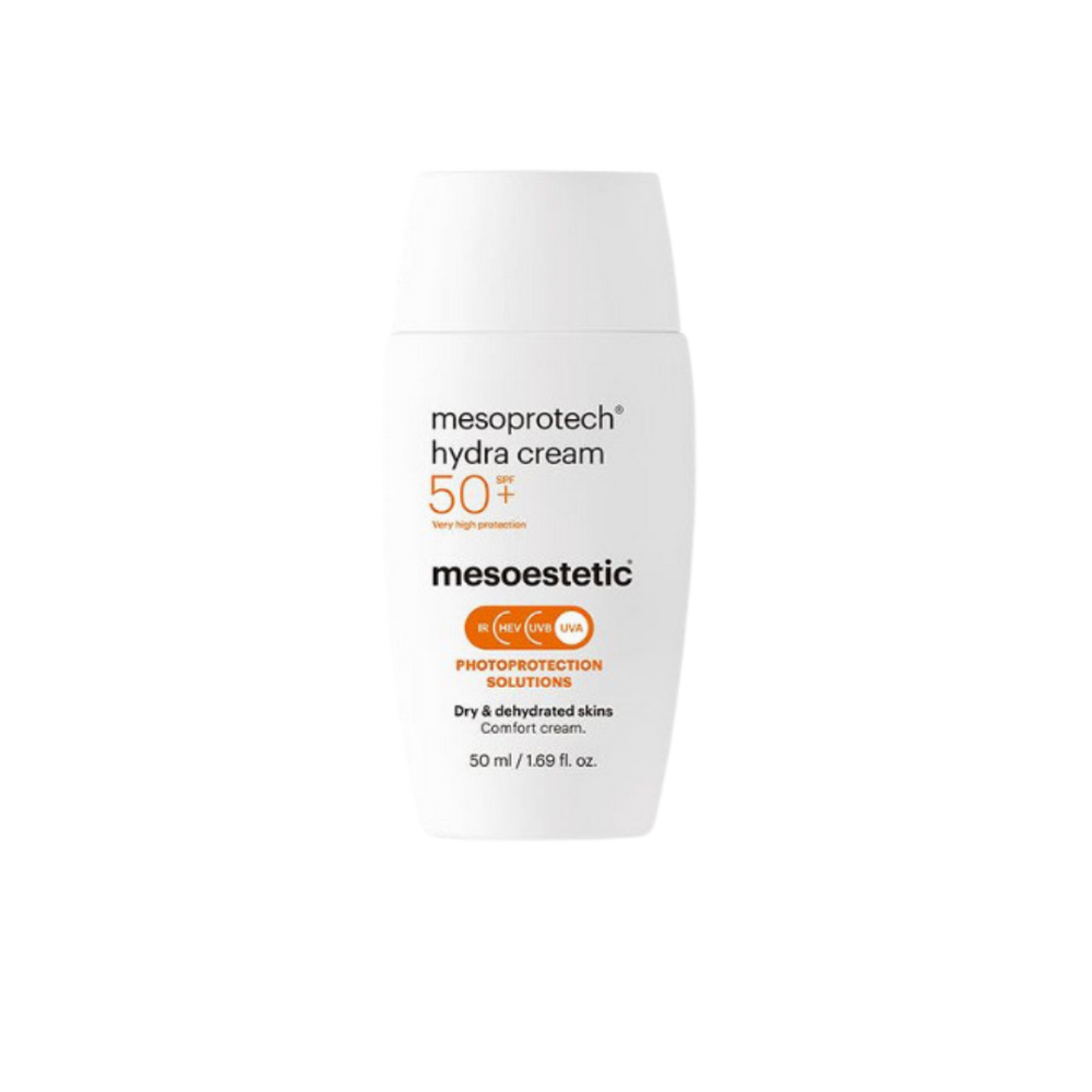 Mesoestetic mesoprotech hydra cream SPF 50 sunscreen, 50 ml white bottle with flip cap and orange text