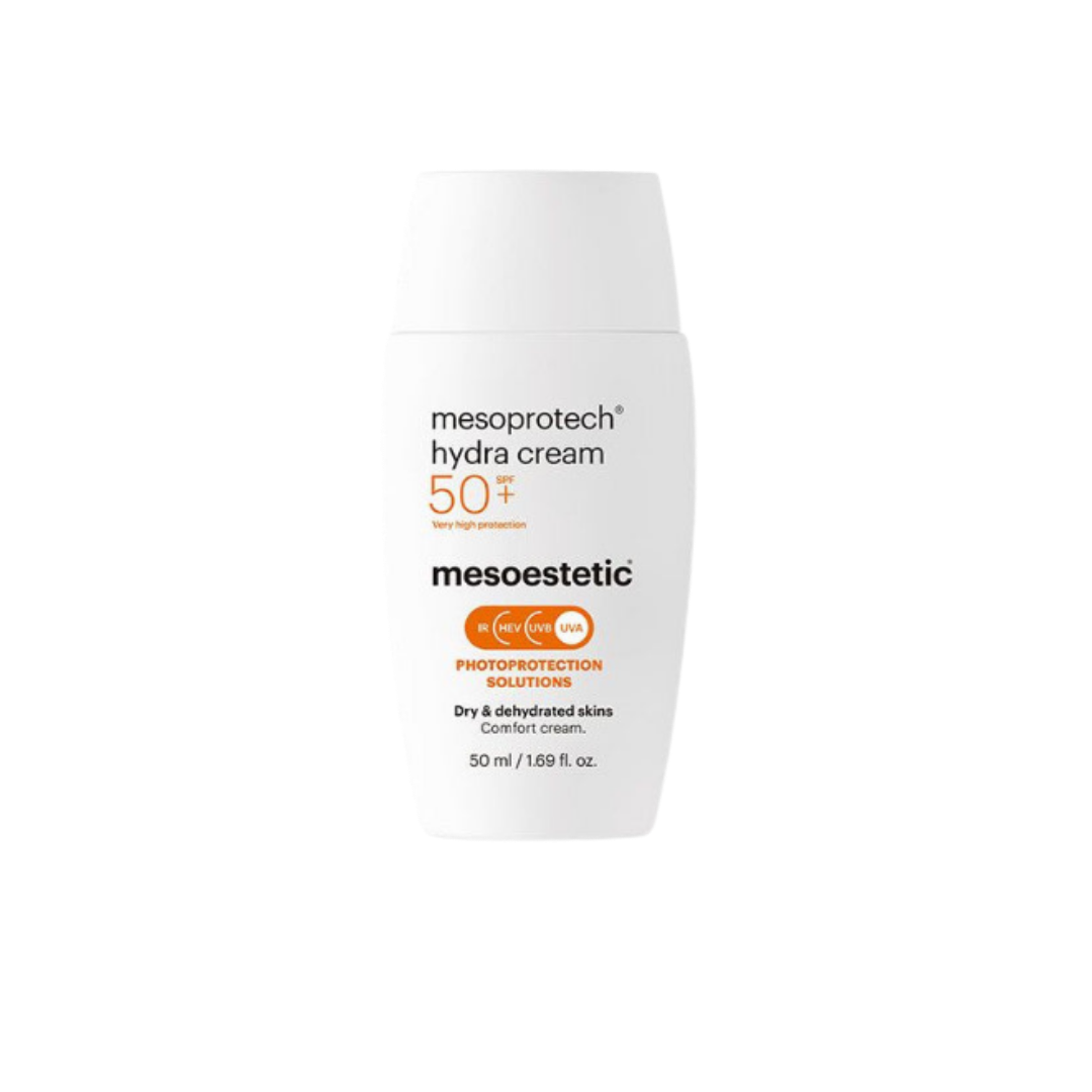 Mesoestetic mesoprotech hydra cream SPF 50 sunscreen, 50 ml white bottle with flip cap and orange text