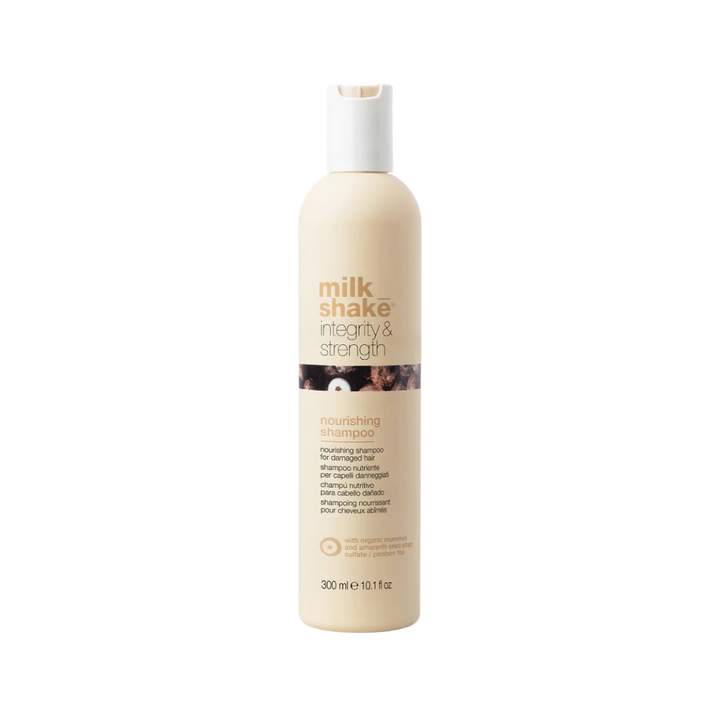Milk Shake Integrity & Strength nourishing shampoo, beige plastic bottle with flip cap, 300 ml size