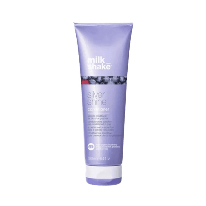 Milk_Shake Silver Shine Conditioner, 250 ml, purple squeeze tube with berry graphic and white flip cap.