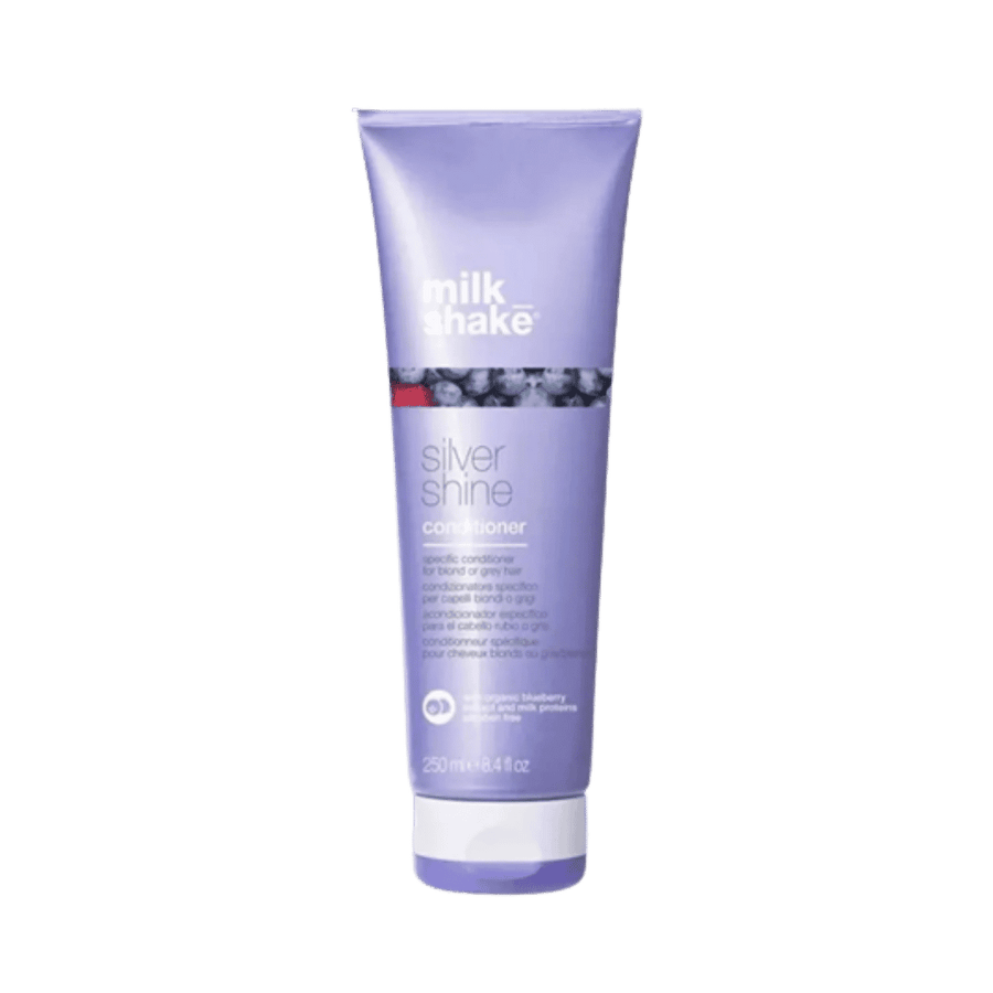 Milk_Shake Silver Shine Conditioner, 250 ml, purple squeeze tube with berry graphic and white flip cap.