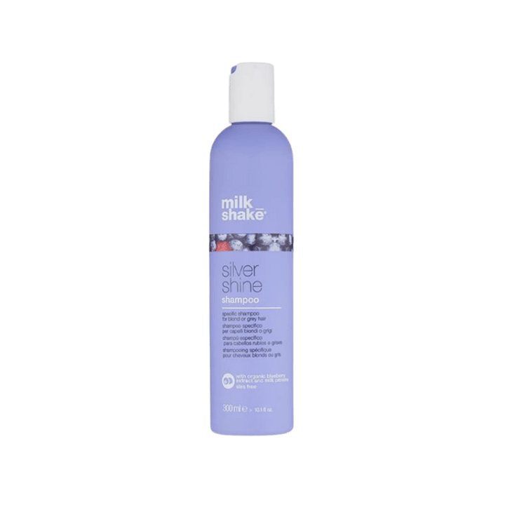 milk_shake Silver Shine Shampoo, 300 ml, purple bottle with white cap and blueberry graphic label.